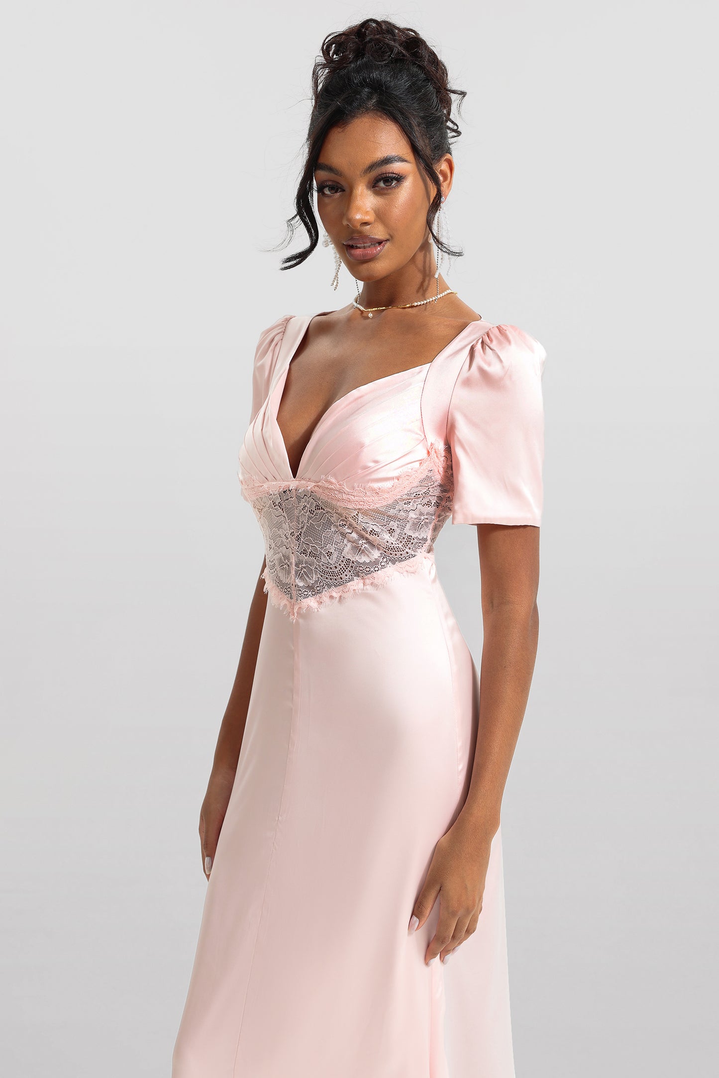 Satin Solid Lace V-Neck Midi Dress
