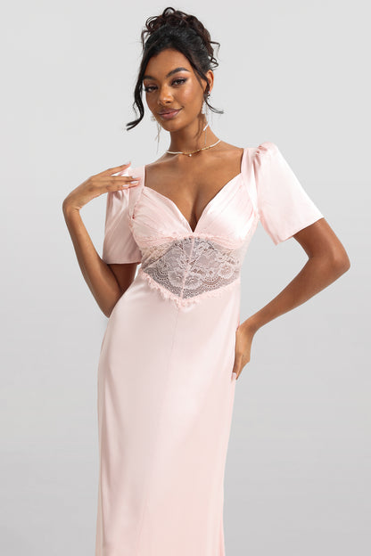 Satin Solid Lace V-Neck Midi Dress