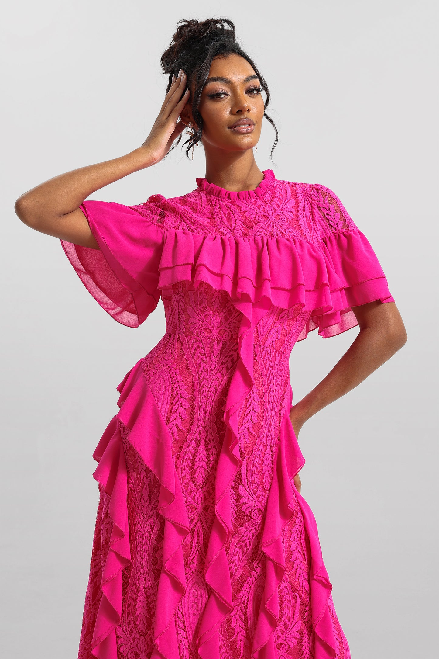 Solid Lace Frill Midi Dress