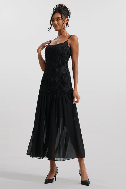 3D Floral Solid Sleeveless Midi Dress