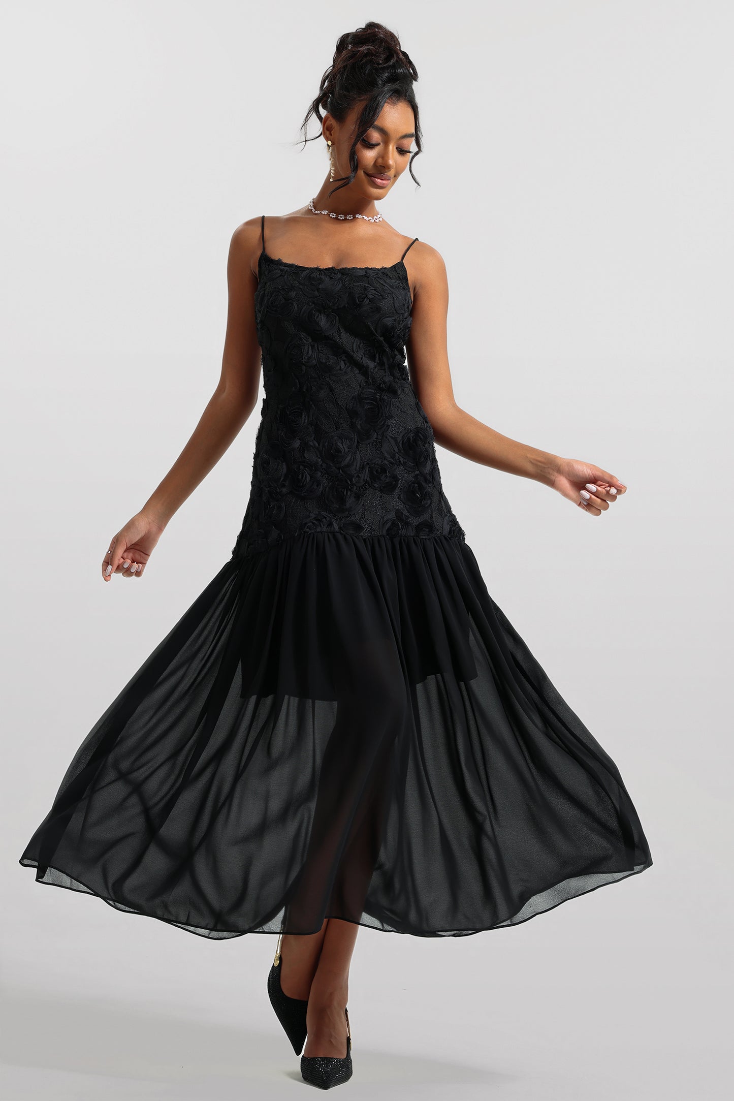 3D Floral Solid Sleeveless Midi Dress