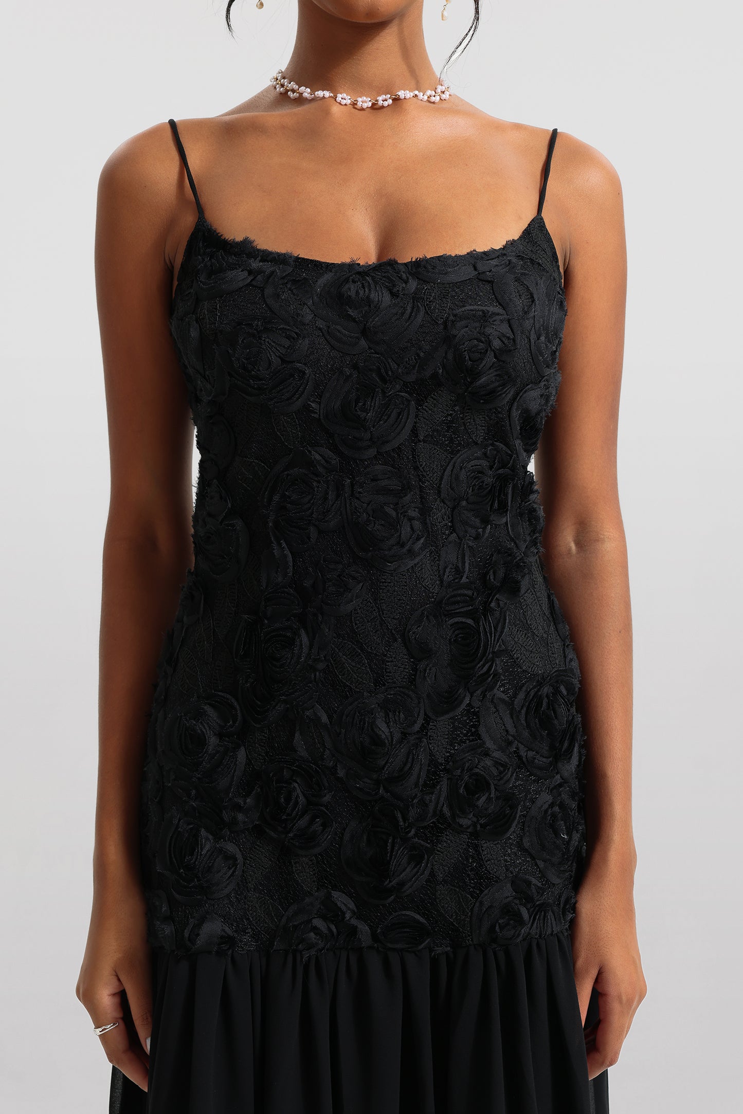 3D Floral Solid Sleeveless Midi Dress