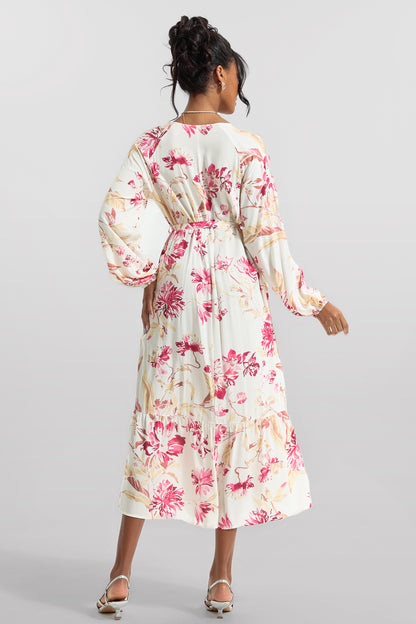 Floral V-Neck Long Sleeve Midi Dress With Belt