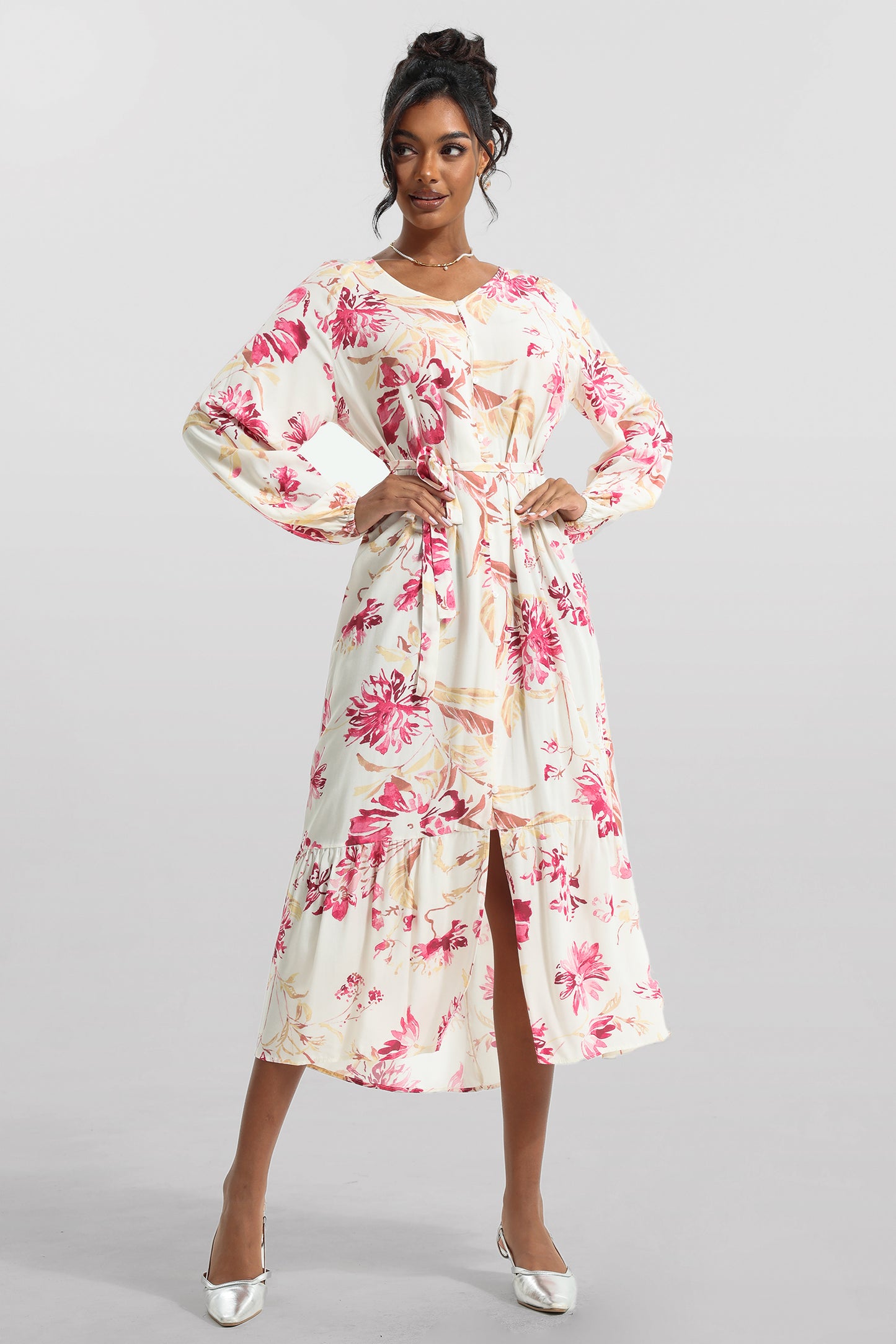 Floral V-Neck Long Sleeve Midi Dress With Belt