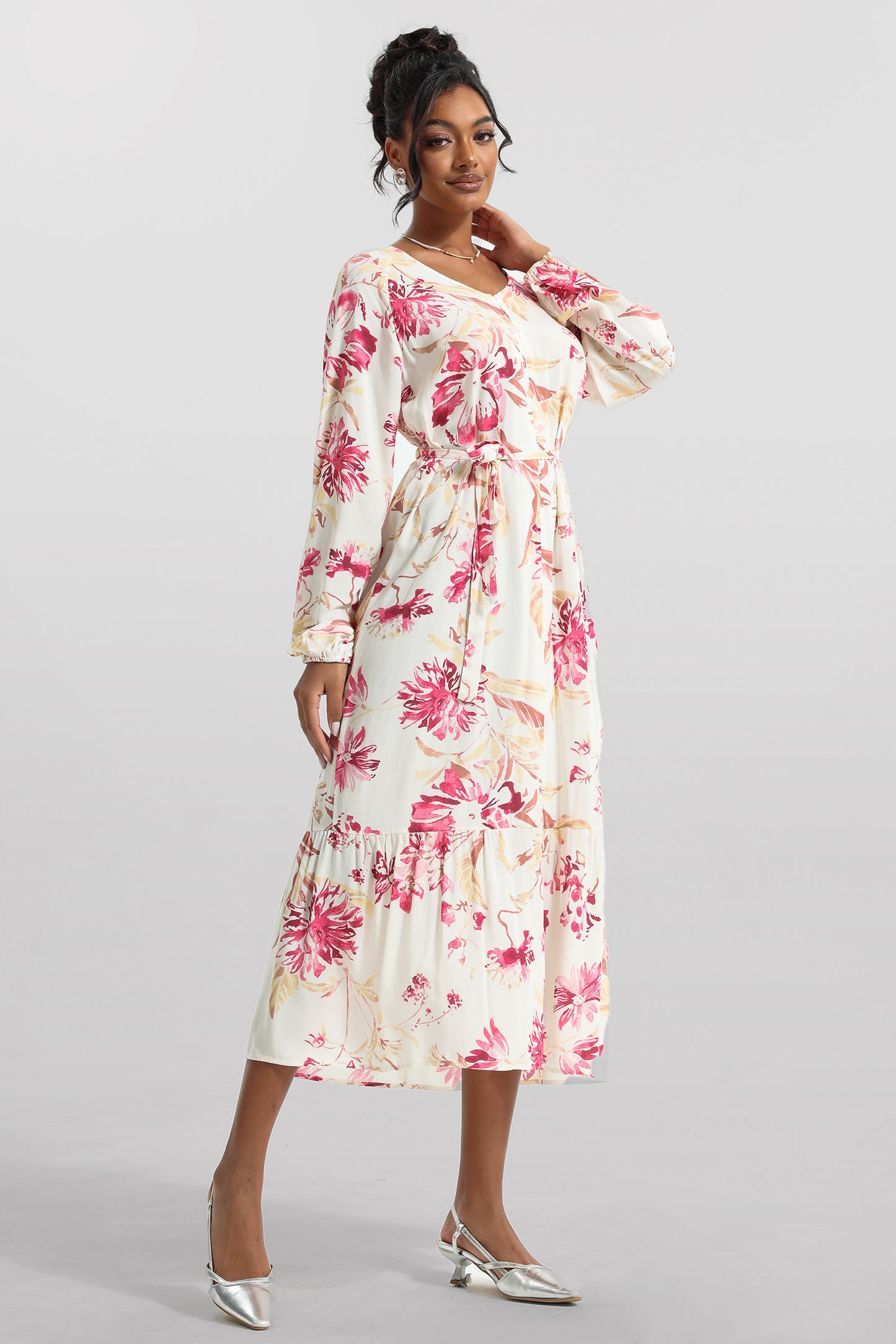 Floral V-Neck Long Sleeve Midi Dress With Belt