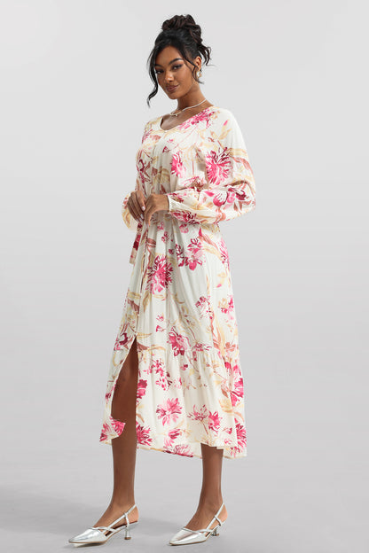 Floral V-Neck Long Sleeve Midi Dress With Belt
