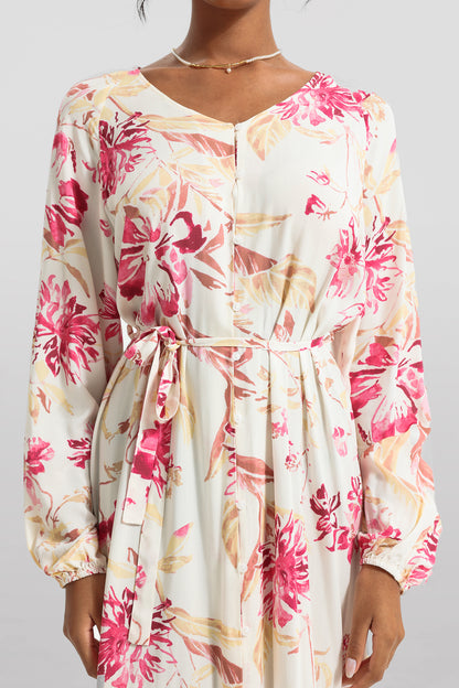 Floral V-Neck Long Sleeve Midi Dress With Belt