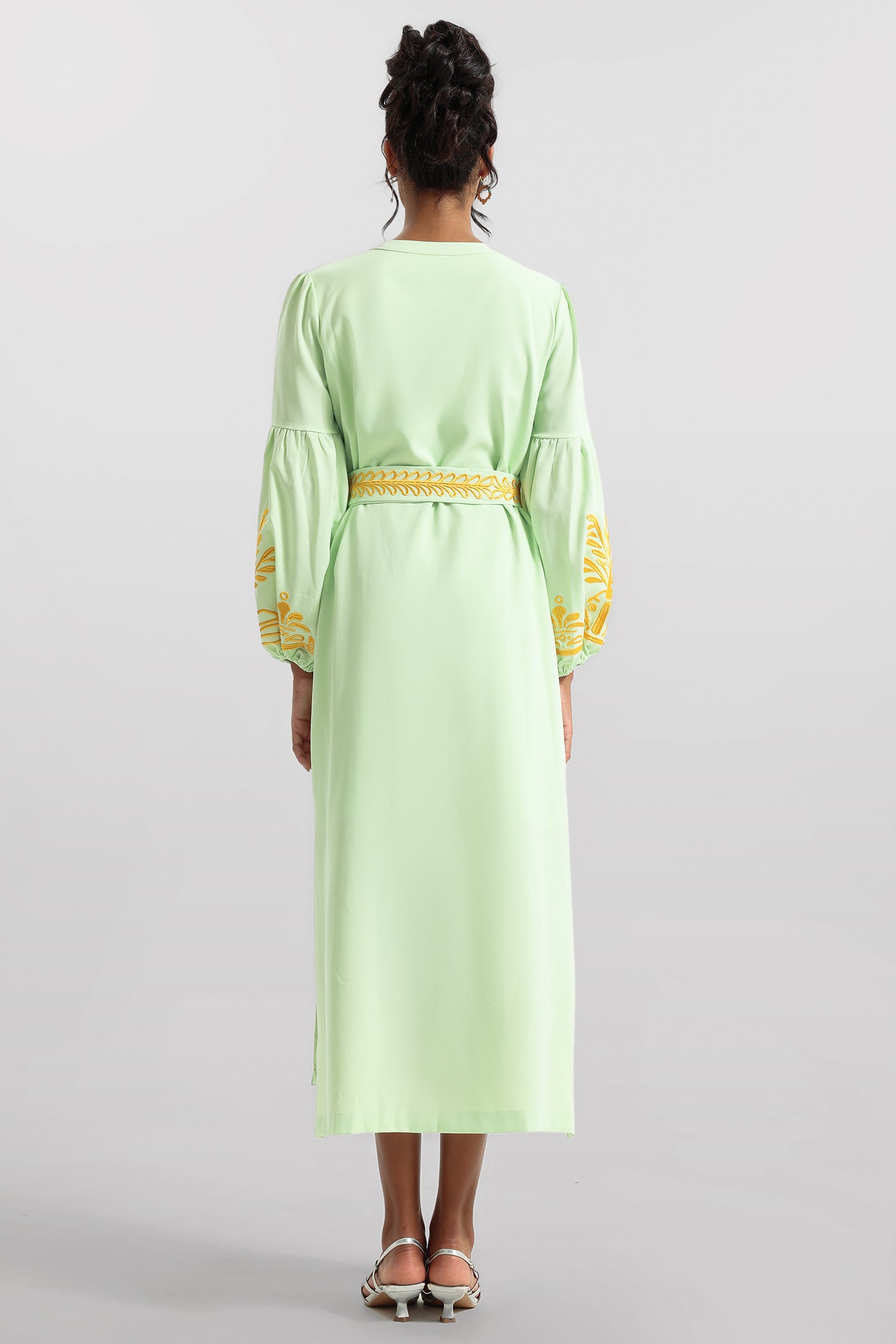 Embroidered Button Long Sleeve Midi Dress With Belt