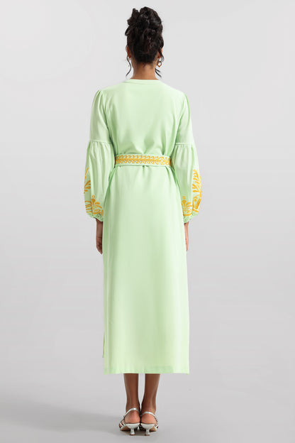 Embroidered Button Long Sleeve Midi Dress With Belt