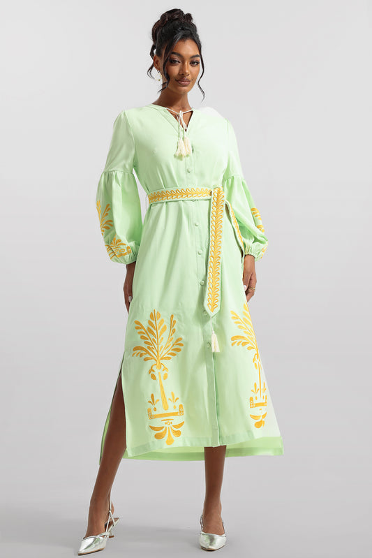 Embroidered Button Long Sleeve Midi Dress With Belt