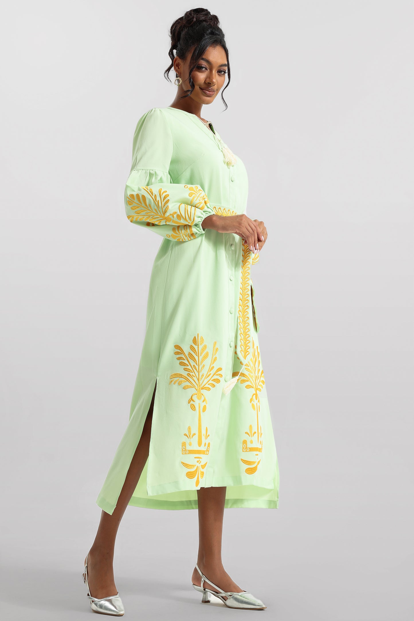 Embroidered Button Long Sleeve Midi Dress With Belt