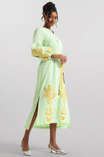 Embroidered Button Long Sleeve Midi Dress With Belt