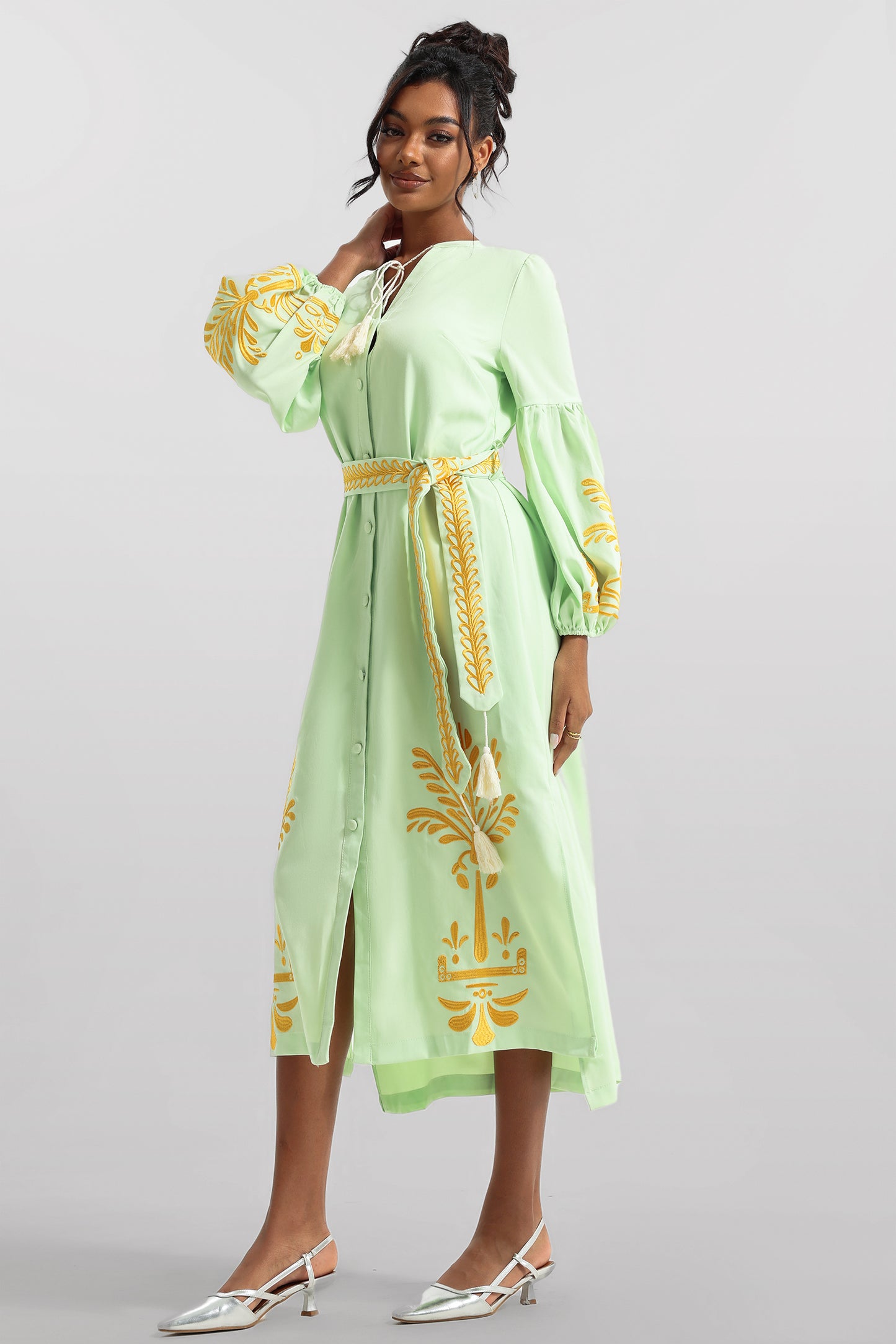Embroidered Button Long Sleeve Midi Dress With Belt