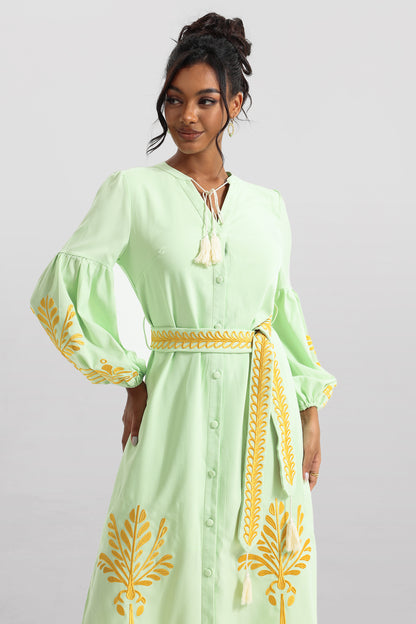 Embroidered Button Long Sleeve Midi Dress With Belt