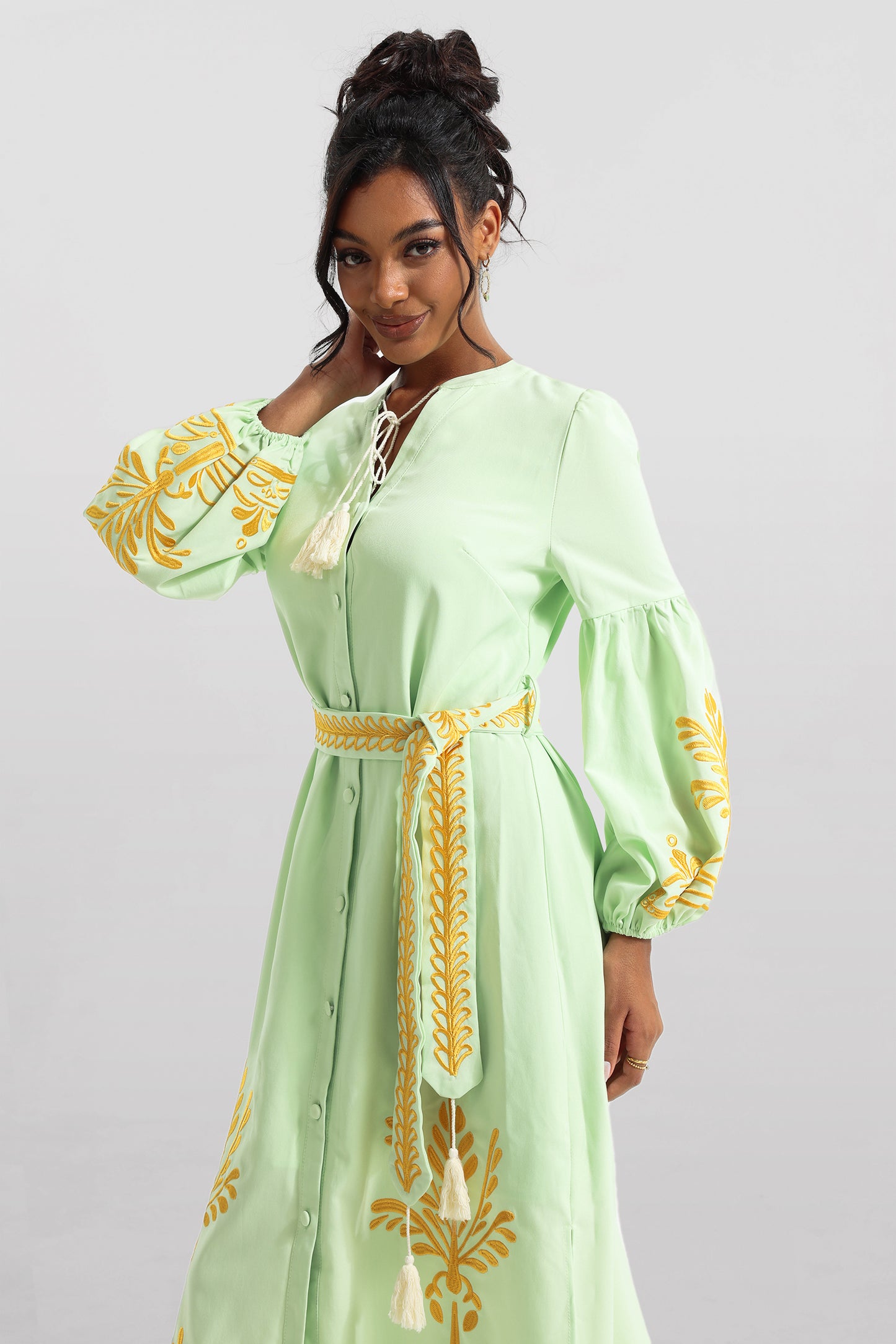 Embroidered Button Long Sleeve Midi Dress With Belt