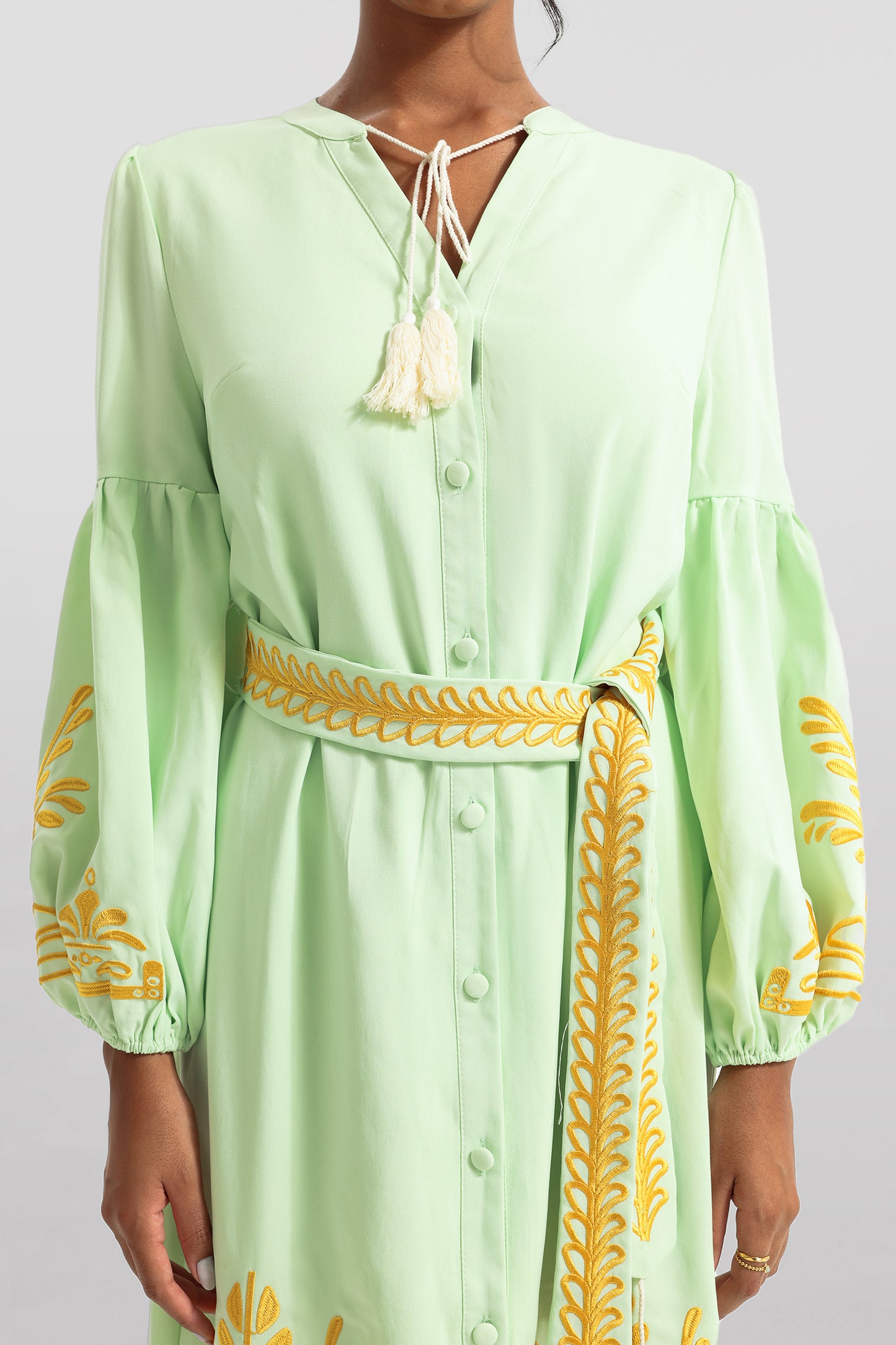 Embroidered Button Long Sleeve Midi Dress With Belt