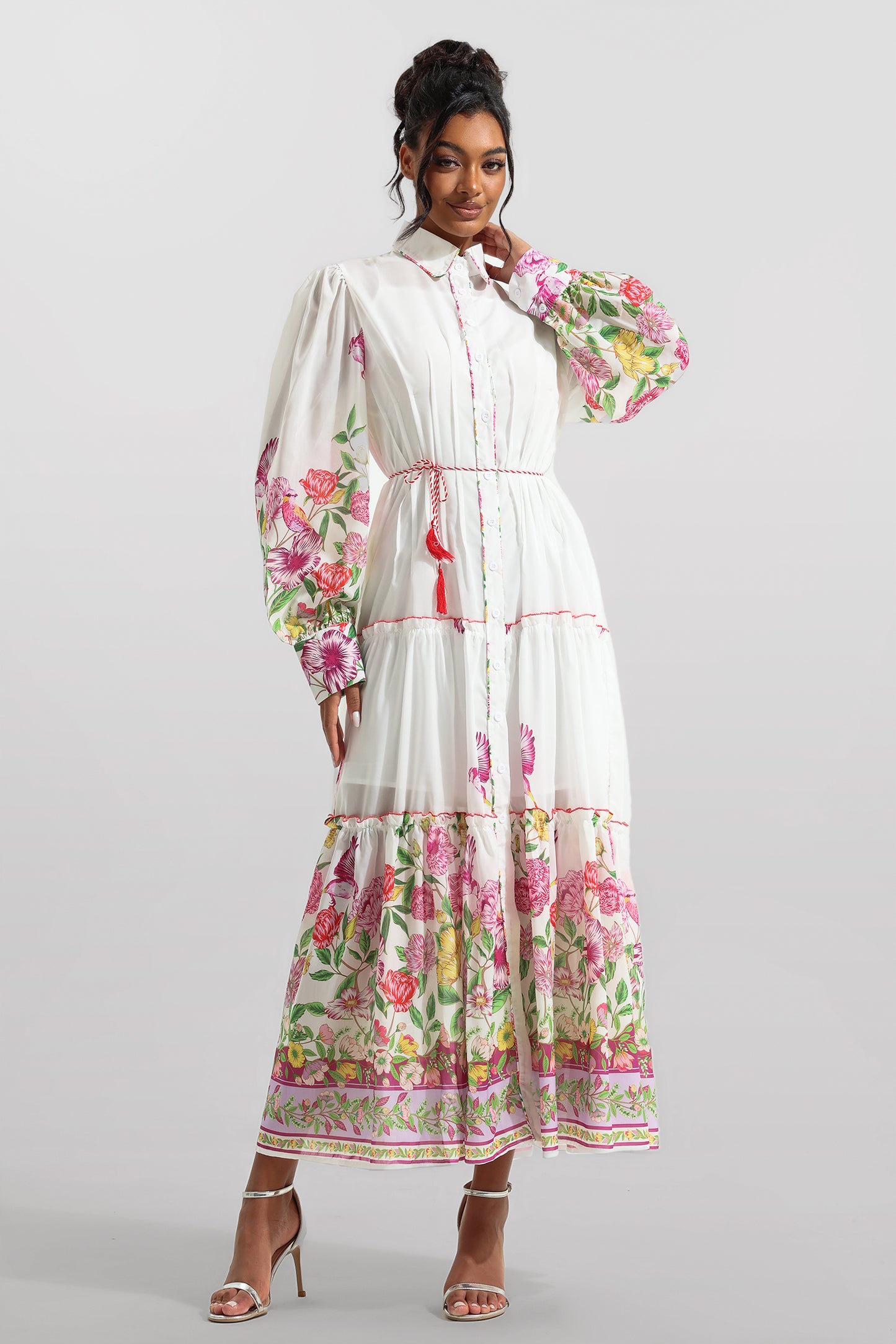 Floral Shirt Collar Long Sleeve Midi Dress