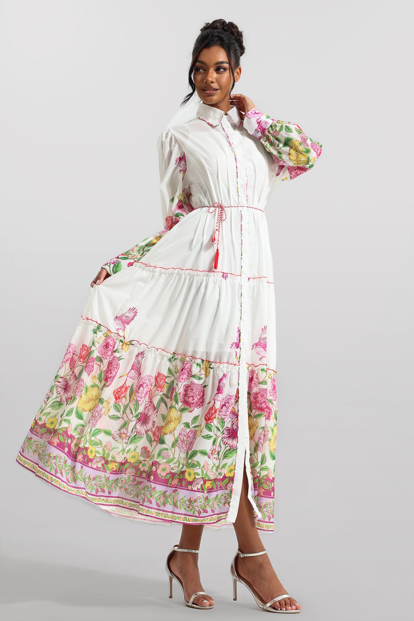 Floral Shirt Collar Long Sleeve Midi Dress