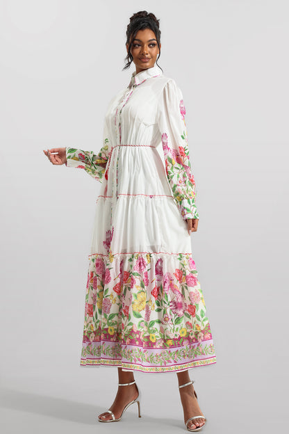 Floral Shirt Collar Long Sleeve Midi Dress