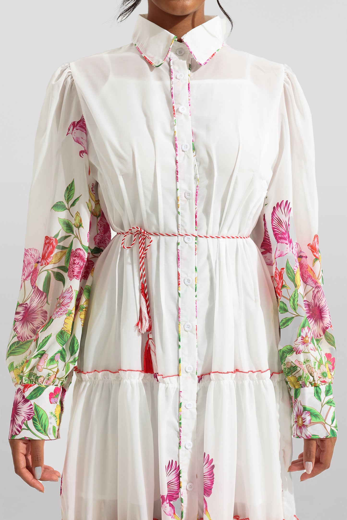 Floral Shirt Collar Long Sleeve Midi Dress