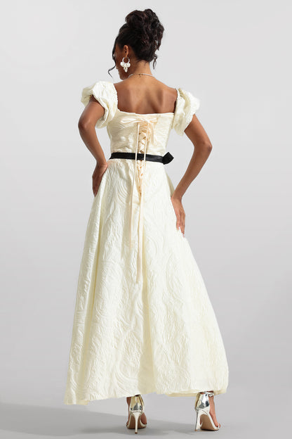 Jacquard Puff Sleeve Midi Dress