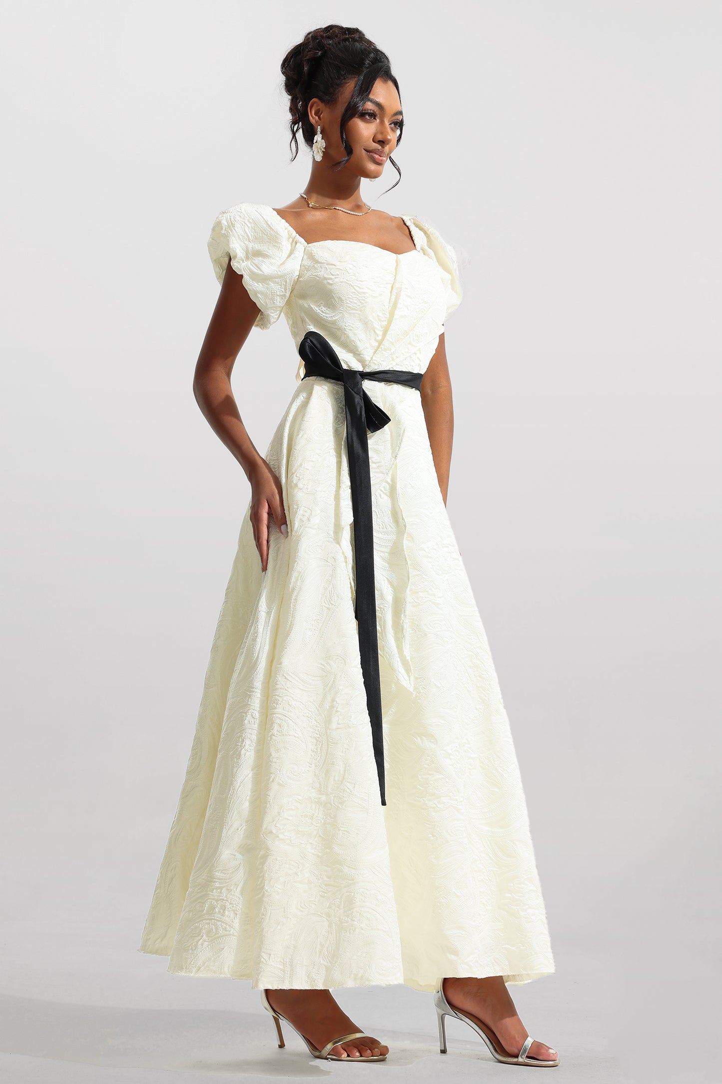 Jacquard Puff Sleeve Midi Dress