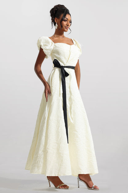 Jacquard Puff Sleeve Midi Dress