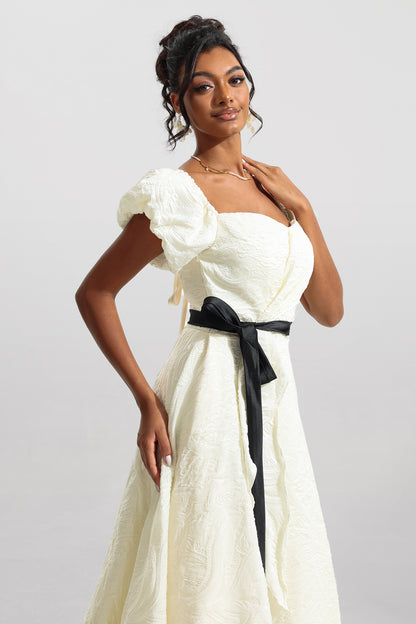 Jacquard Puff Sleeve Midi Dress