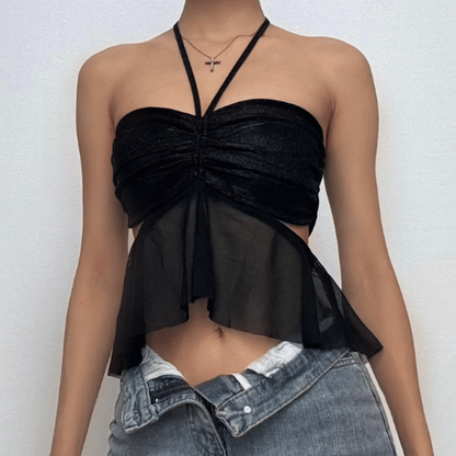 Halter drawstring ruched mesh glitter crop top