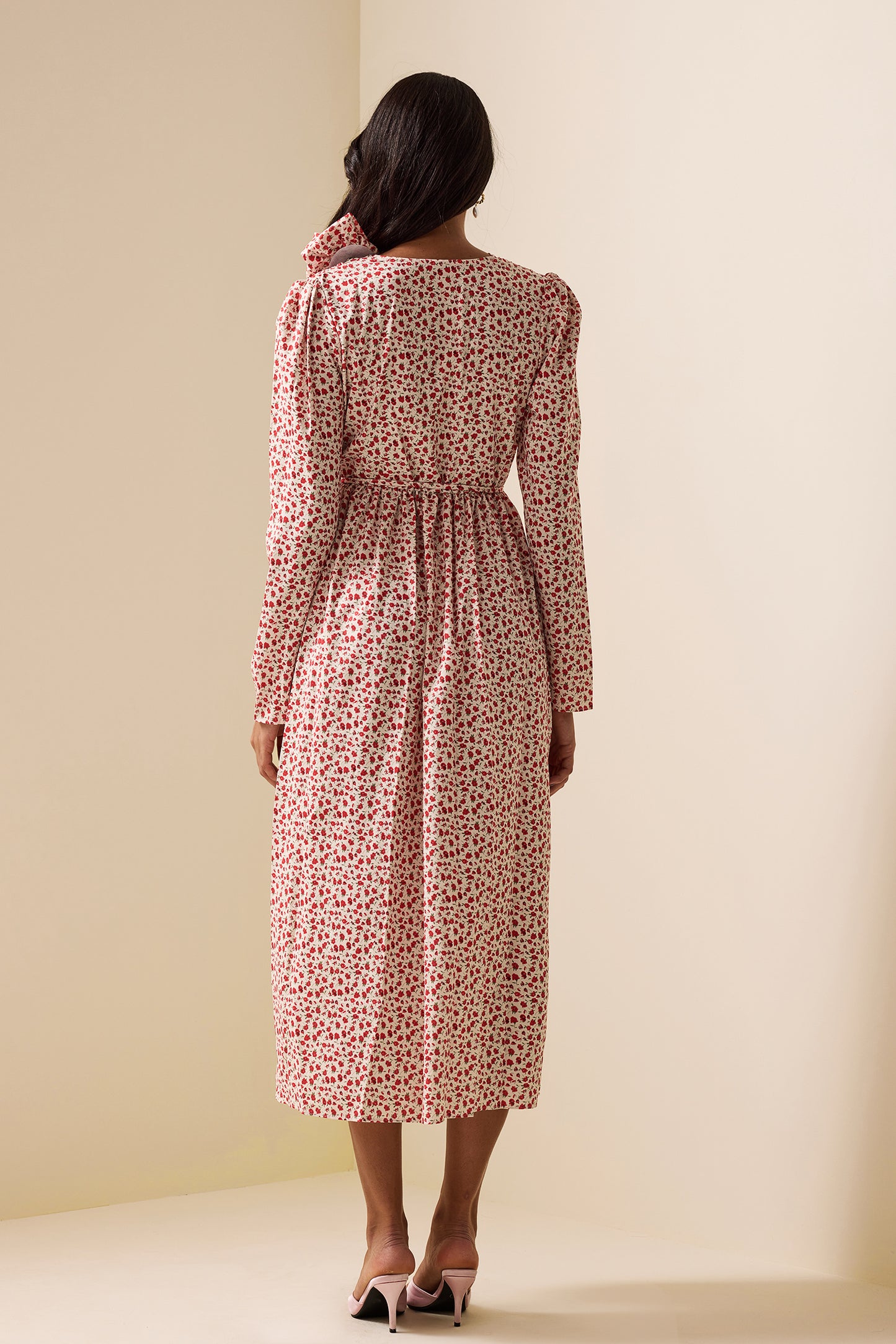 3D Floral Long Sleeve Split Midi Dress