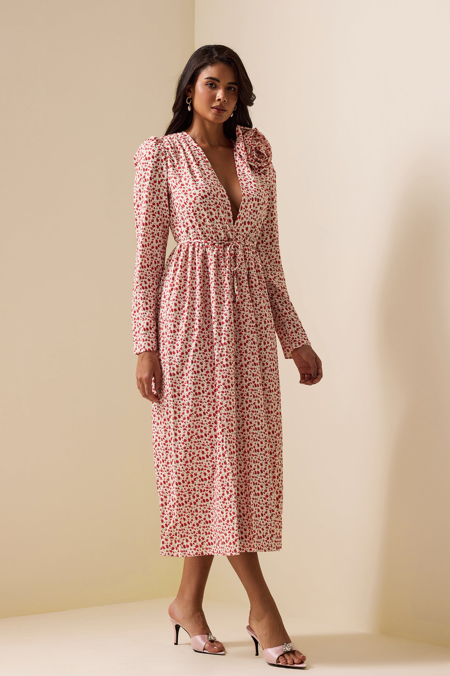 3D Floral Long Sleeve Split Midi Dress