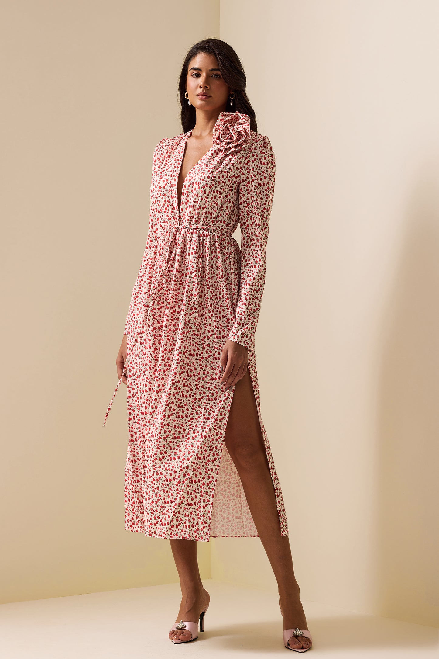 3D Floral Long Sleeve Split Midi Dress
