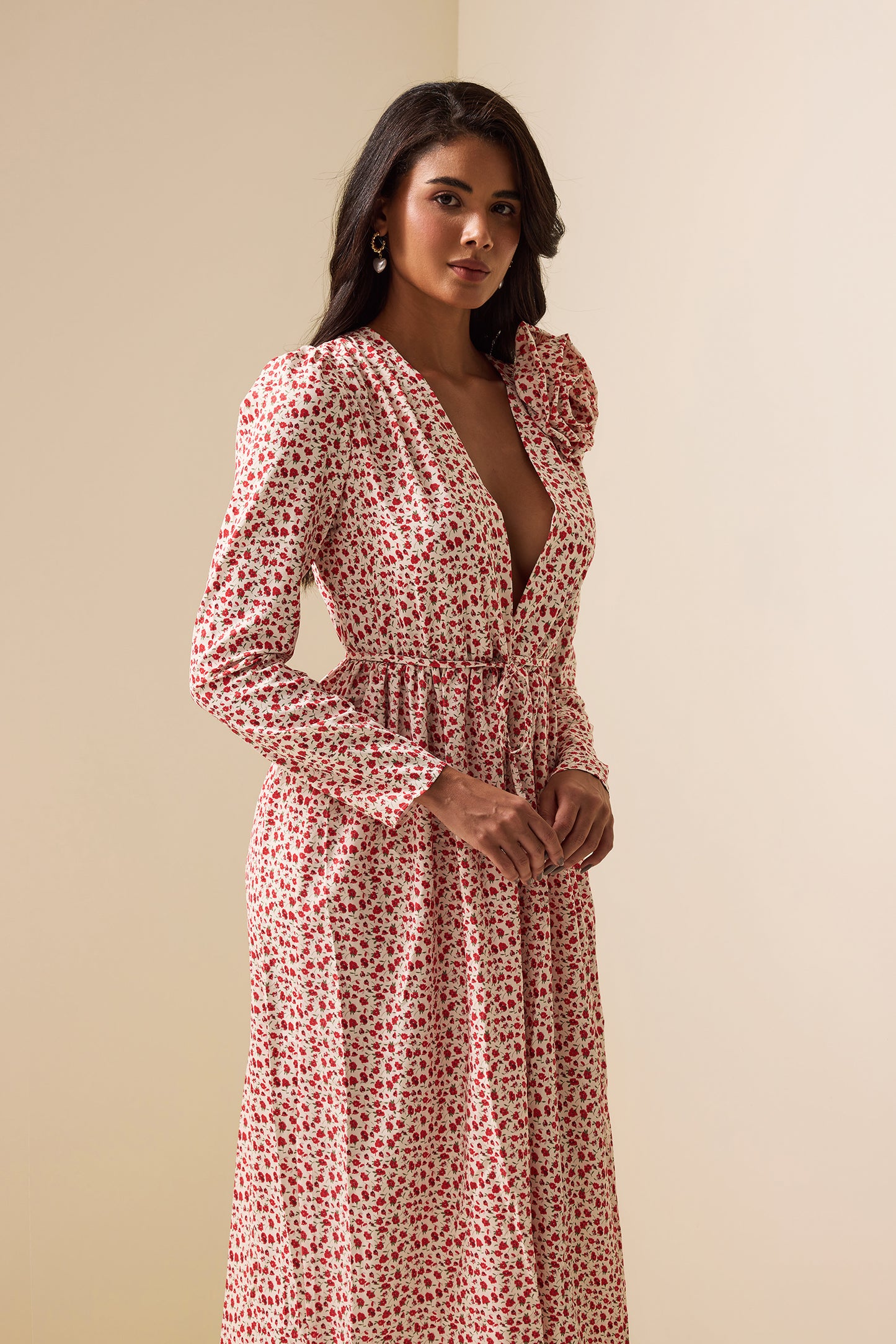 3D Floral Long Sleeve Split Midi Dress