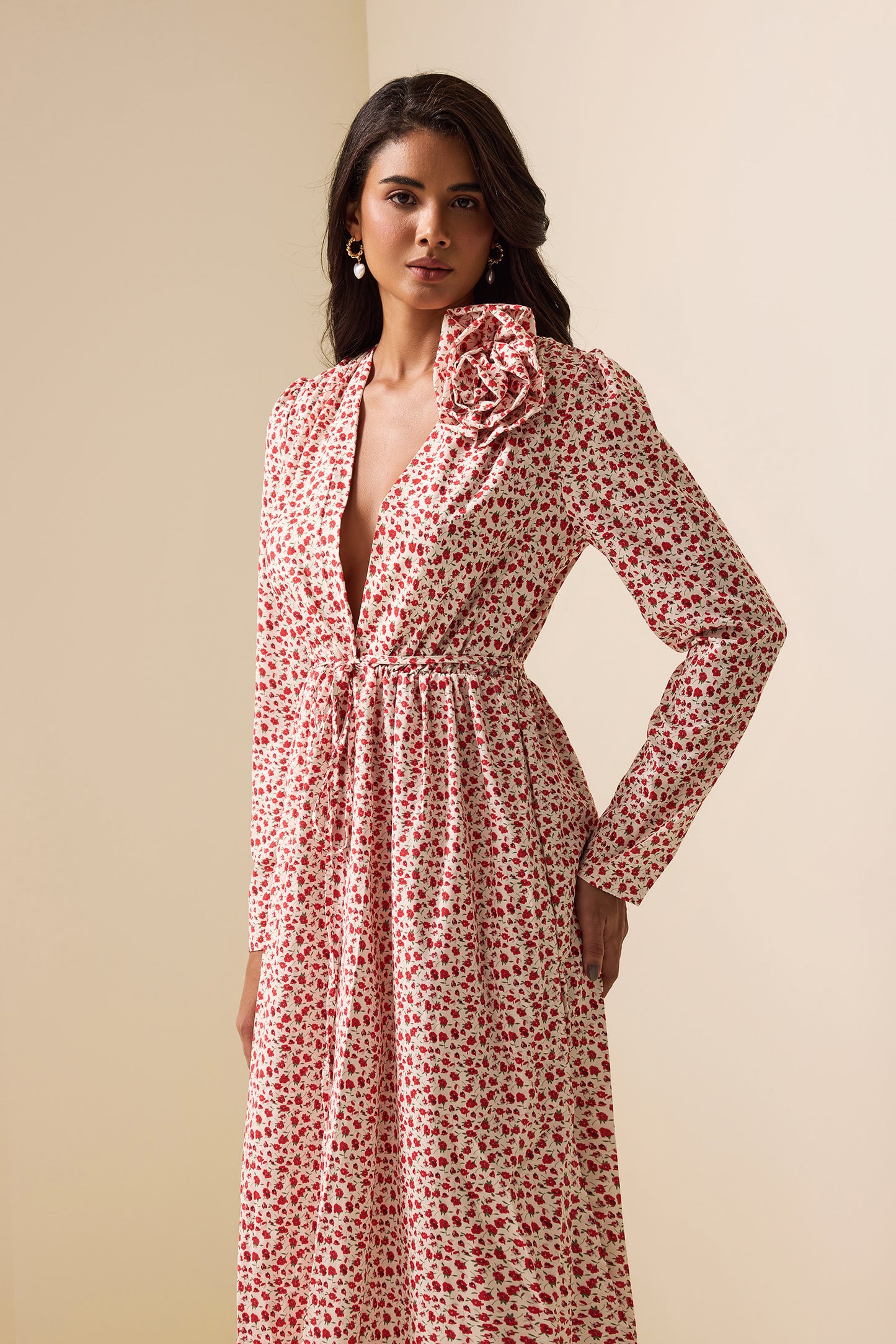 3D Floral Long Sleeve Split Midi Dress