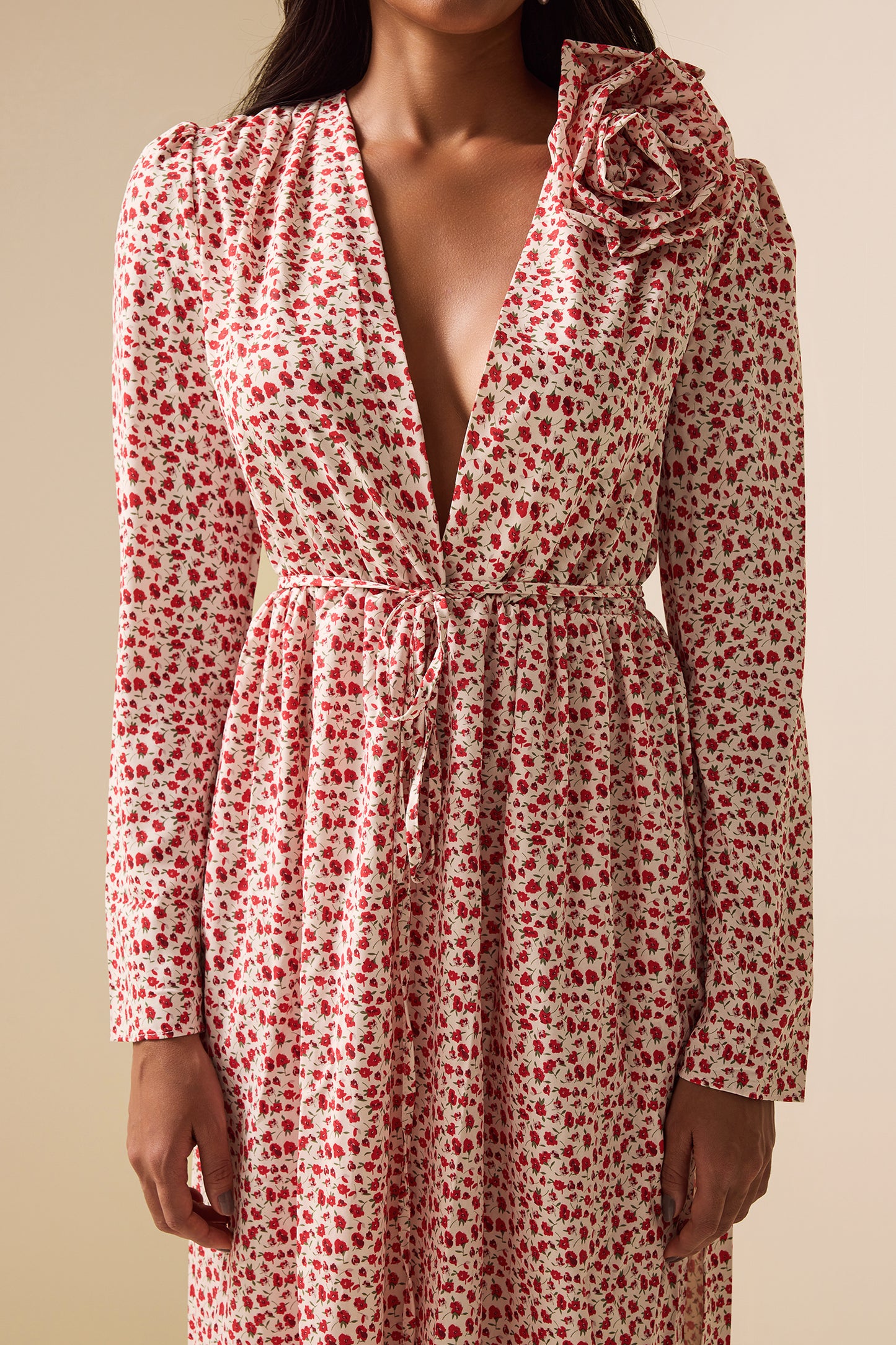 3D Floral Long Sleeve Split Midi Dress