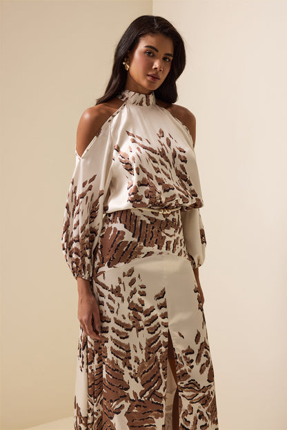 Abstract Print Cut-Out Puff Sleeve Maxi Dress