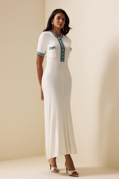 Knit Denim Contrast Color Midi Dress
