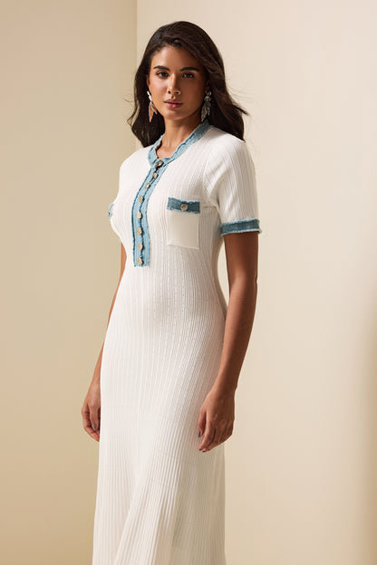 Knit Denim Contrast Color Midi Dress