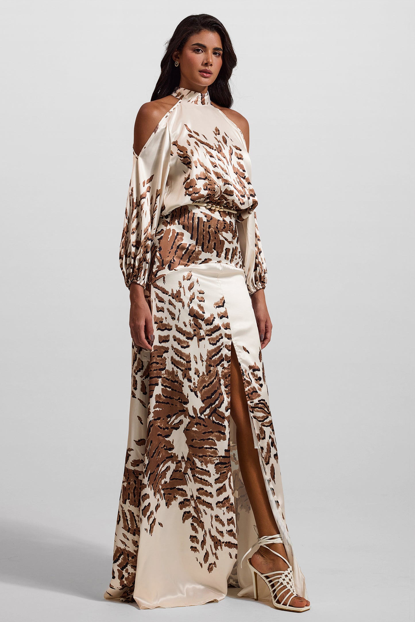 Abstract Print Cut-Out Puff Sleeve Maxi Dress