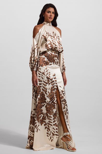 Abstract Print Cut-Out Puff Sleeve Maxi Dress
