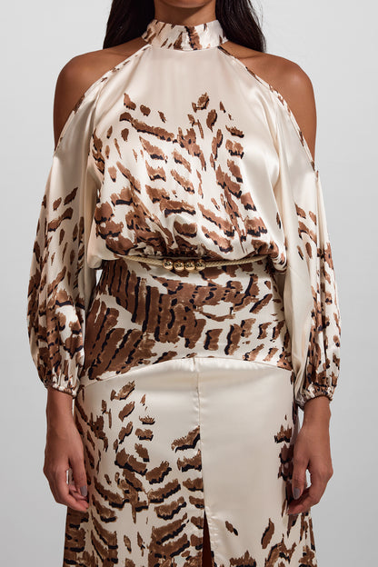 Abstract Print Cut-Out Puff Sleeve Maxi Dress