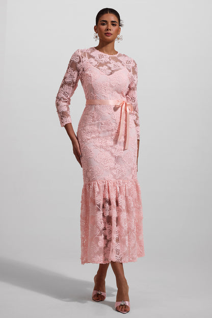 Embroidered Round Neck Long Sleeve Maxi Dress