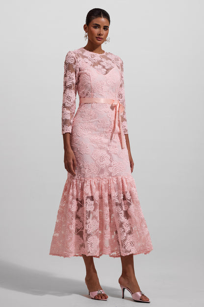 Embroidered Round Neck Long Sleeve Maxi Dress