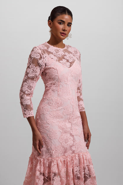 Embroidered Round Neck Long Sleeve Maxi Dress