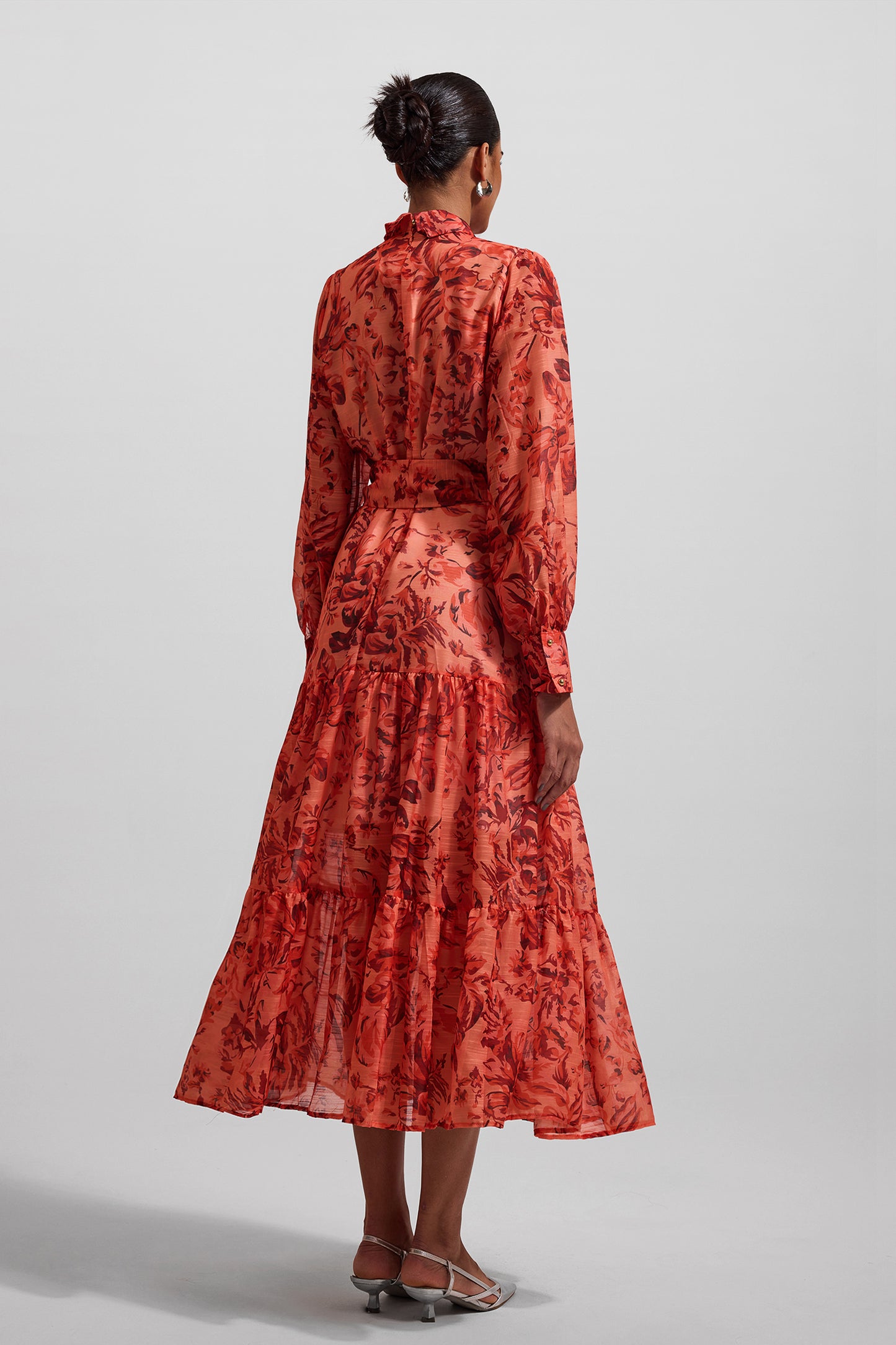 Floral Lantern Sleeve Metal Bottom Midi Dress With Belt