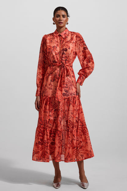 Floral Lantern Sleeve Metal Bottom Midi Dress With Belt