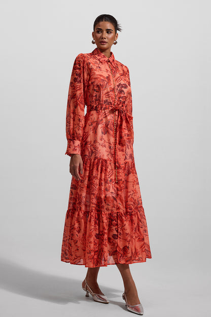 Floral Lantern Sleeve Metal Bottom Midi Dress With Belt