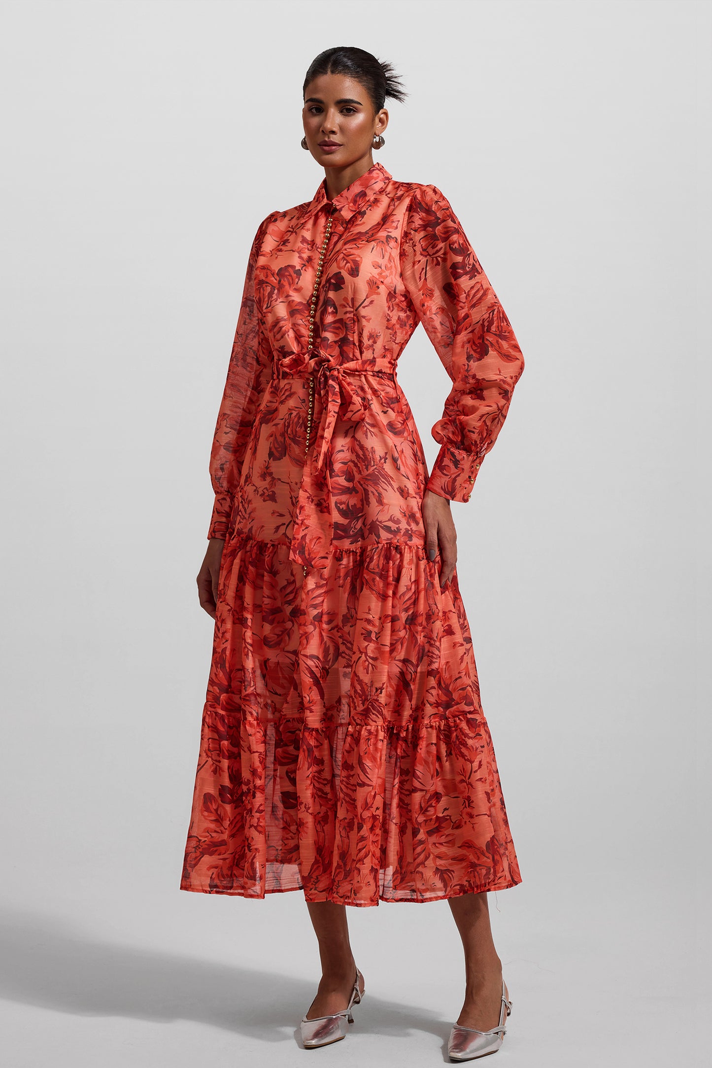 Floral Lantern Sleeve Metal Bottom Midi Dress With Belt