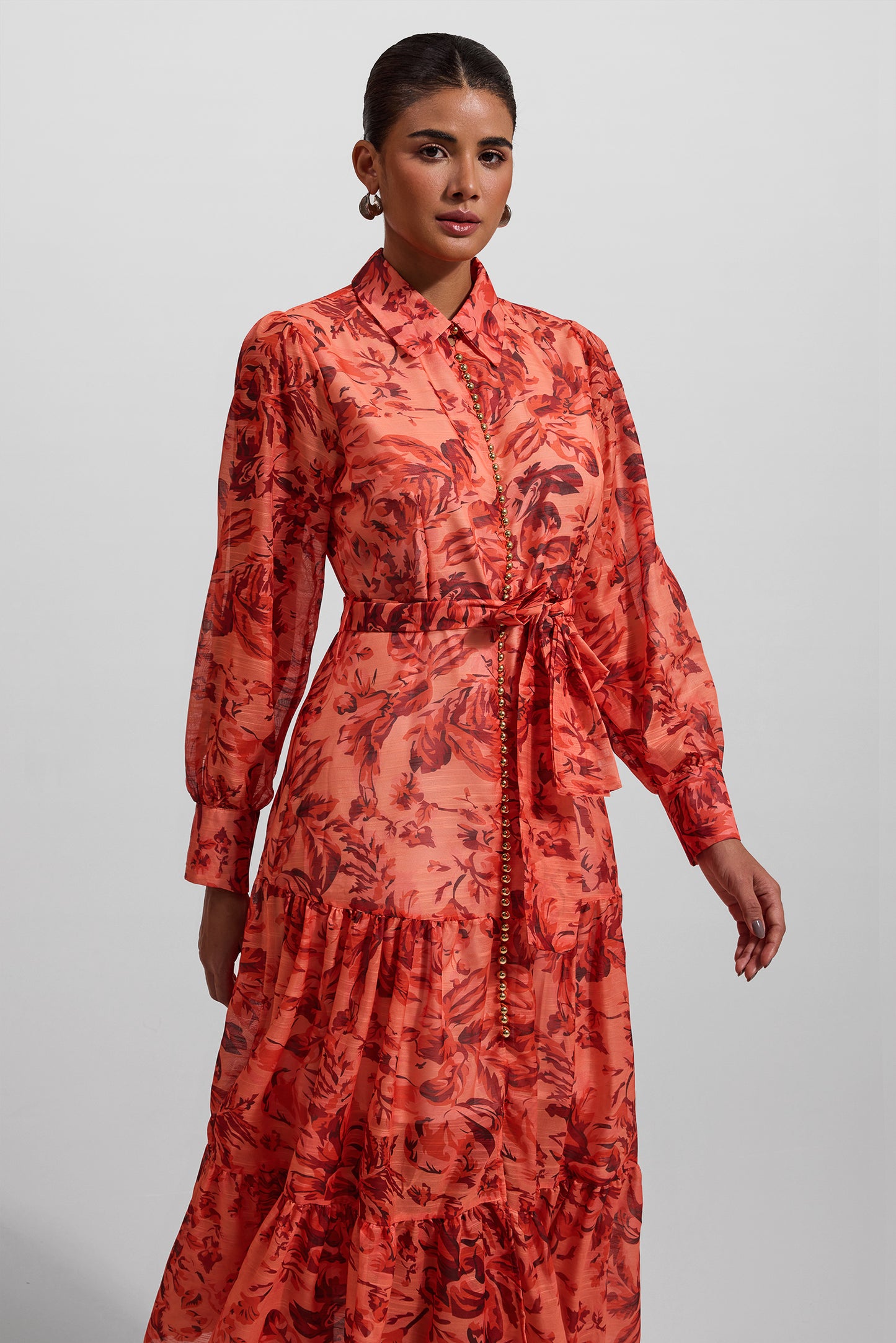 Floral Lantern Sleeve Metal Bottom Midi Dress With Belt
