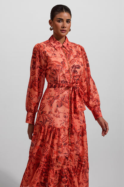 Floral Lantern Sleeve Metal Bottom Midi Dress With Belt